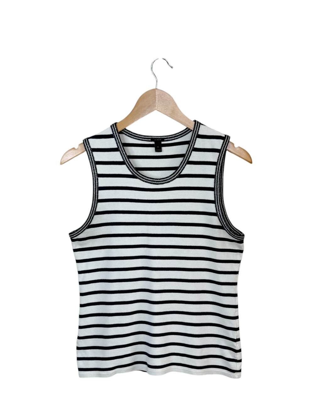 J.Crew Striped Blue Cream  Metallic Silver Trim Sleeveless  Casual Tank Top Sz M
